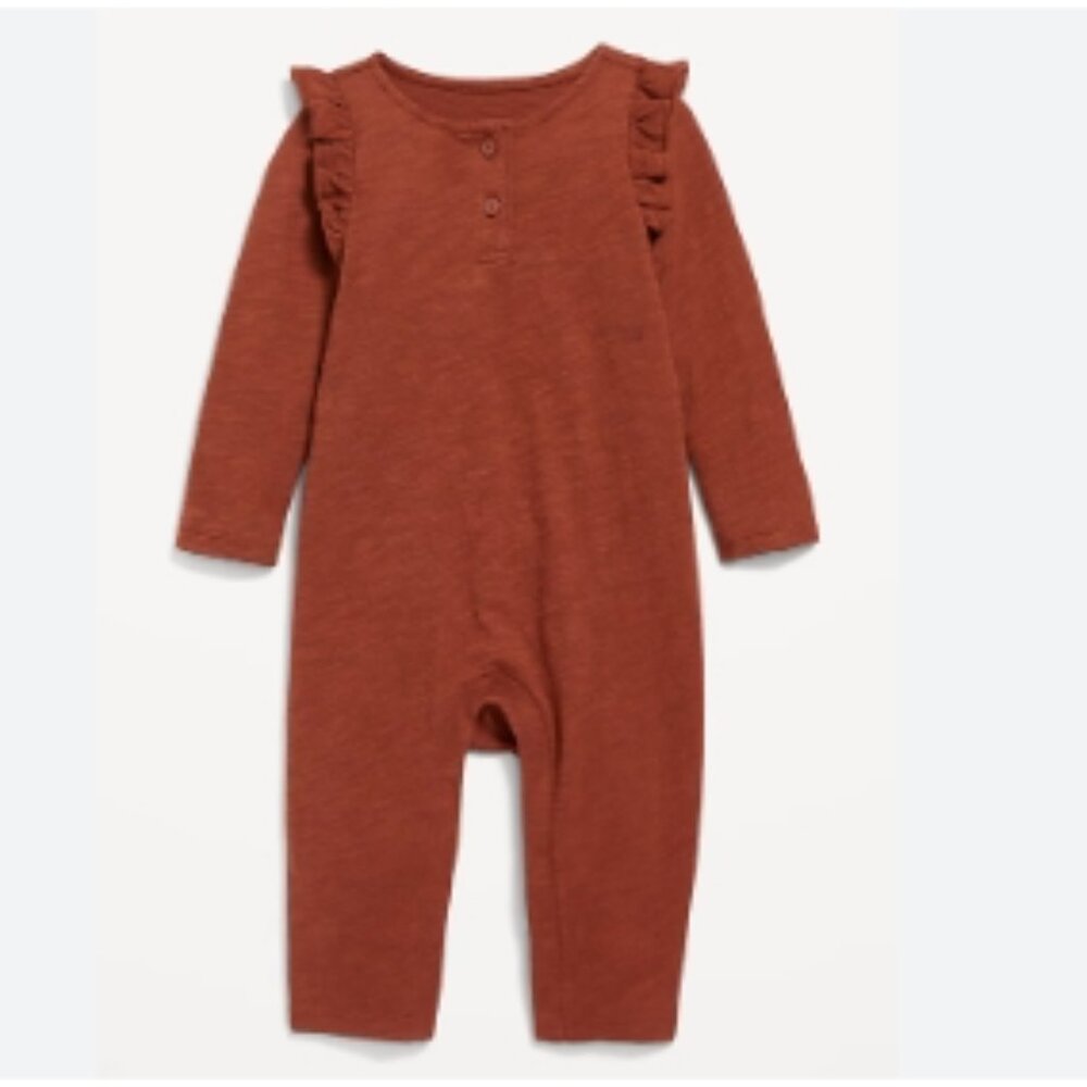 6-12mo PJ/romper, maroon with ruffle shoulders -  NEW!